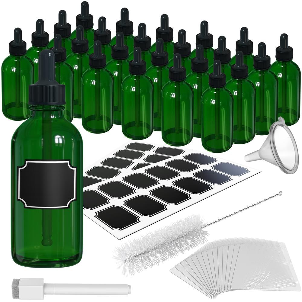 4 oz. Glass Dropper Bottles with Funnel, Brush, Shrink Wrap, Marker and Labels – Green (Pack of 24) - Hercitys