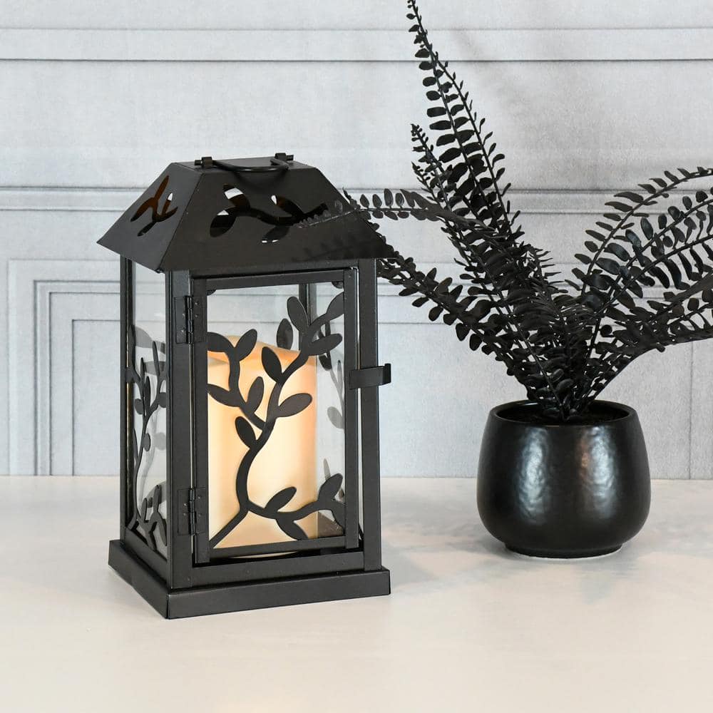 5.3 in. x 9 in. Black Vine Metal Lantern with LED Candle - Hercitys
