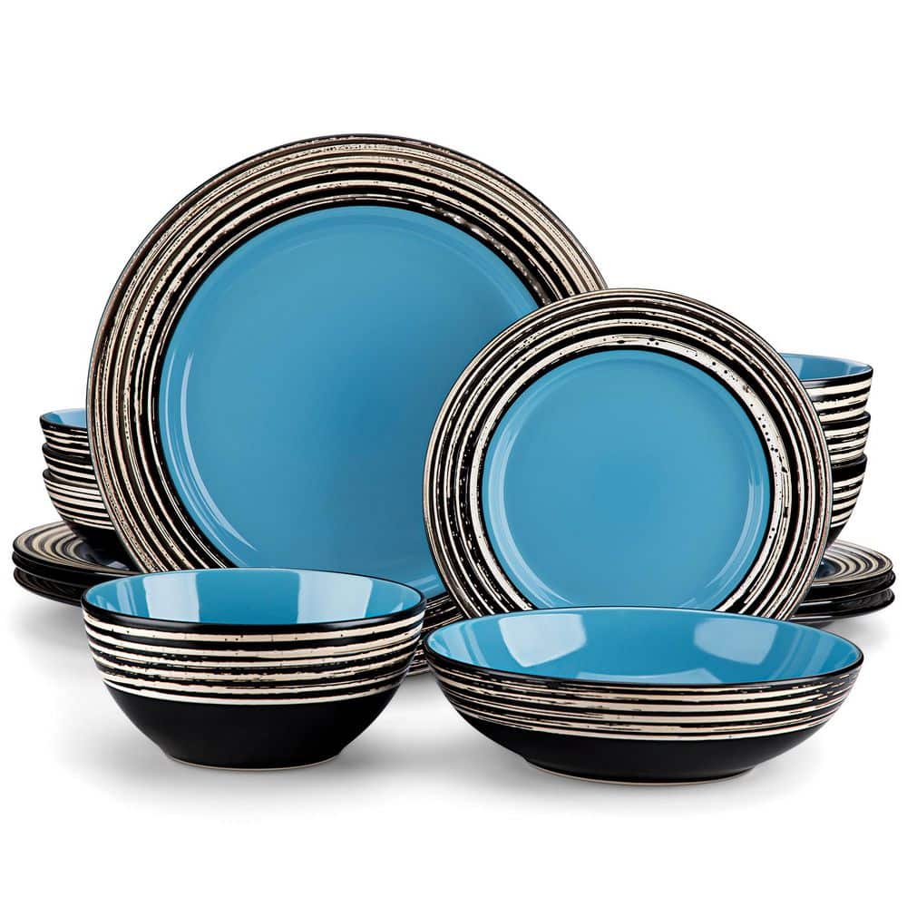 16-Piece Blue and Black Stoneware Dinnerware Set Service for 4-Bowls and Plates Tableware Set - Hercitys