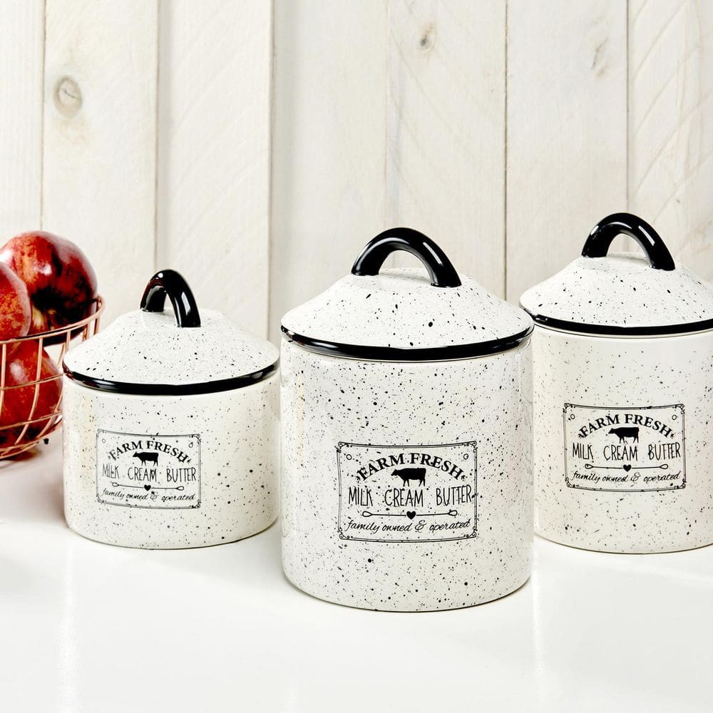 3-Piece Farm Fresh Ceramic Canister Set with Ceramic Top Lids, White - Hercitys