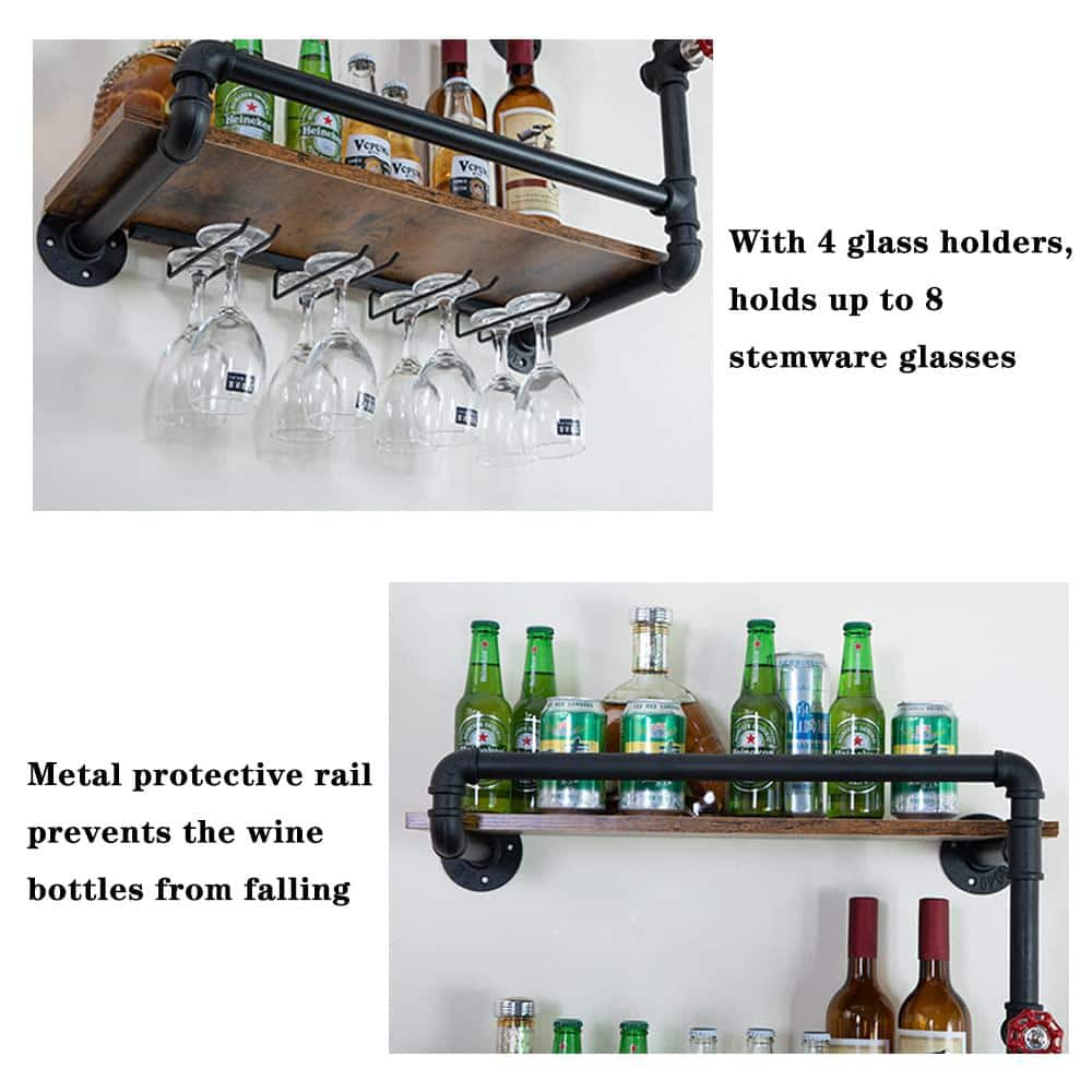 2-Tier Wall Mounted Wine Rack, Hanging Floating Small Mini Bar Liquor Shelves with Glass Holder Storage Under - Hercitys