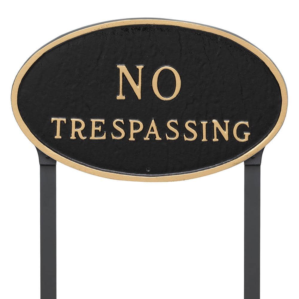 10 in. x 18 in. Large Oval No Trespassing Statement Plaque Sign with 23 in. Lawn Stakes, Black with Gold Lettering - Hercitys