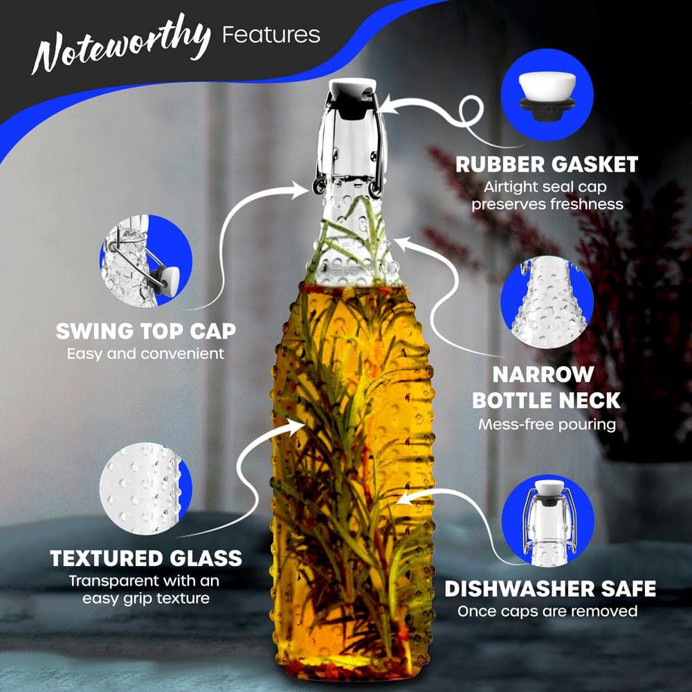 33 oz. Dotted Round Swing Top Glass Bottles with Funnel, Bottle Brush and Glass Marker (Set of 6) - Hercitys