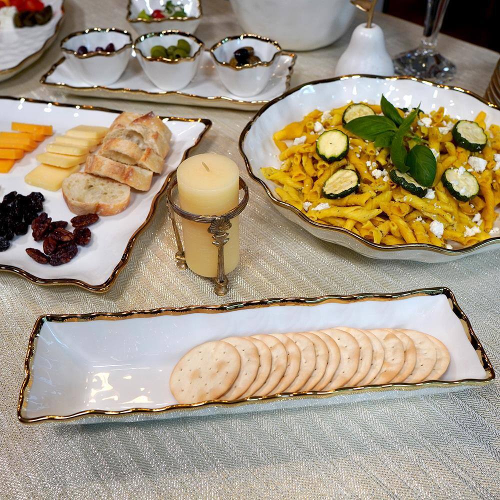 13 in. W x 3.5 in. H x 2.25 in. D White Porcelain Regency Gold Serving Tray - Hercitys