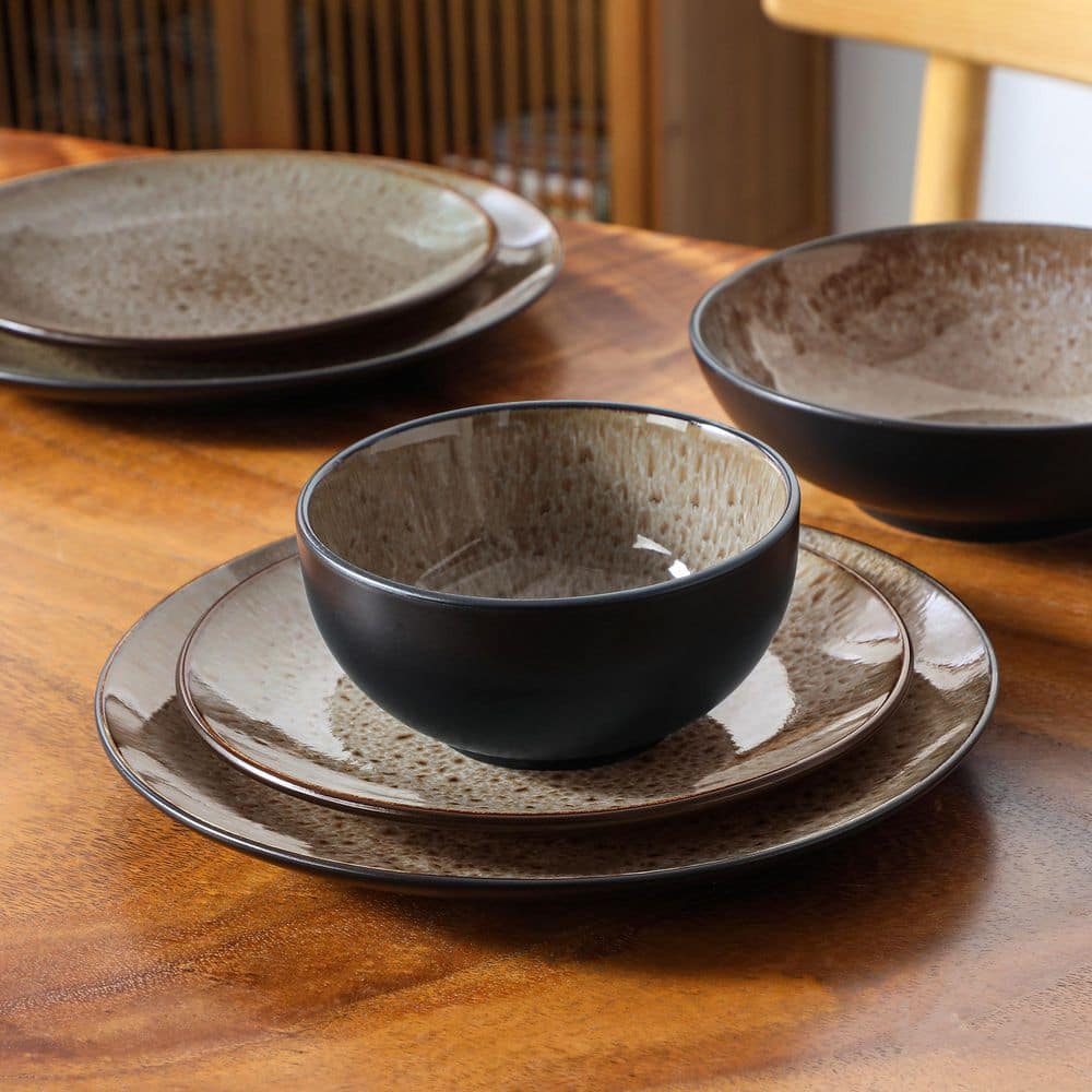 16-Piece Brown Stoneware Dinnerware Set (Service Set for 4) Bowls and Plates Dinner Set - Hercitys