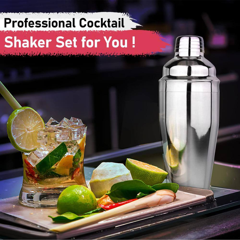 3 in 1 25 oz. Silver Stainless Steel 1-Piece Cocktail Shaker with Measuring Jigger and Mixing Spoon - Hercitys