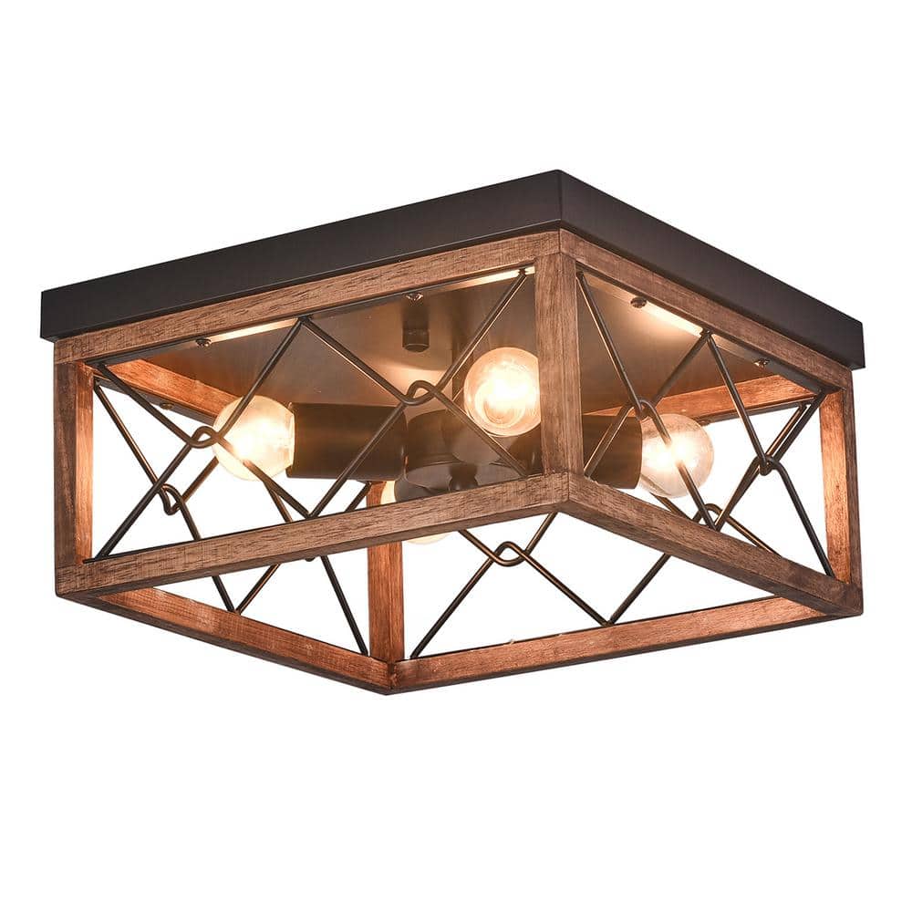 12.6 in. 4-Light Farmhouse Rustic Square Wooden Flush Mount Ceiling - Hercitys