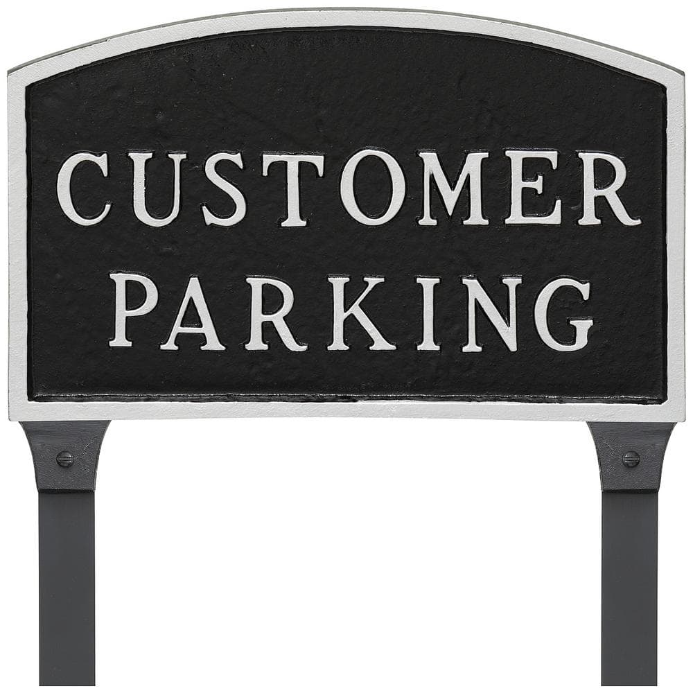 10 in. x 15 in. Standard Arch Customer Parking Statement Plaque Sign with 23 in. Lawn Stakes – Black/Silver - Hercitys