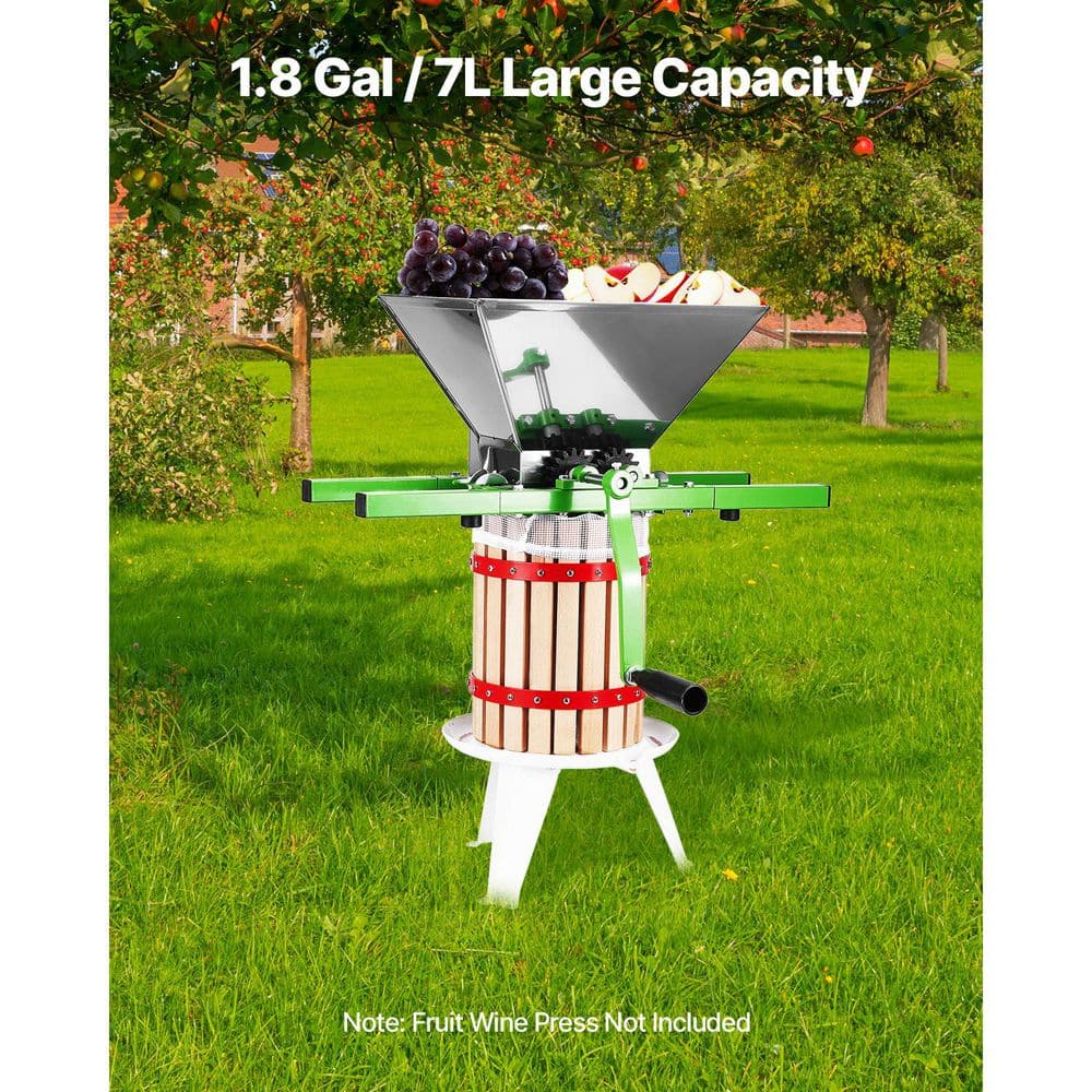 1.8 Gal. /7L Fruit and Apple Crusher, Stainless Steel Manual Grinder for Wine and Cider, Grape Pressing, Pulper - Hercitys