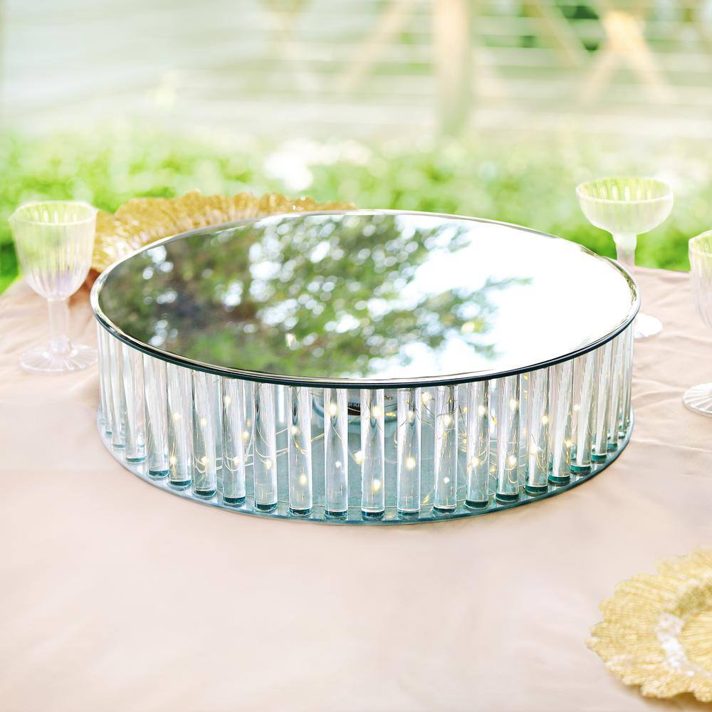 1-Tier Clear Round Mirror LED Fairy Light Up Glass Columns Cake Stand Dessert Display Tray 16 in. - Hercitys