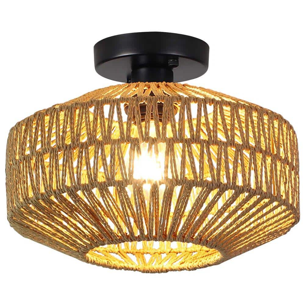 11.81 in. 1-Light Black/Brown Rattan Semi Flush Mount Chandelier for Hallway Entryway Dining Room - Hercitys