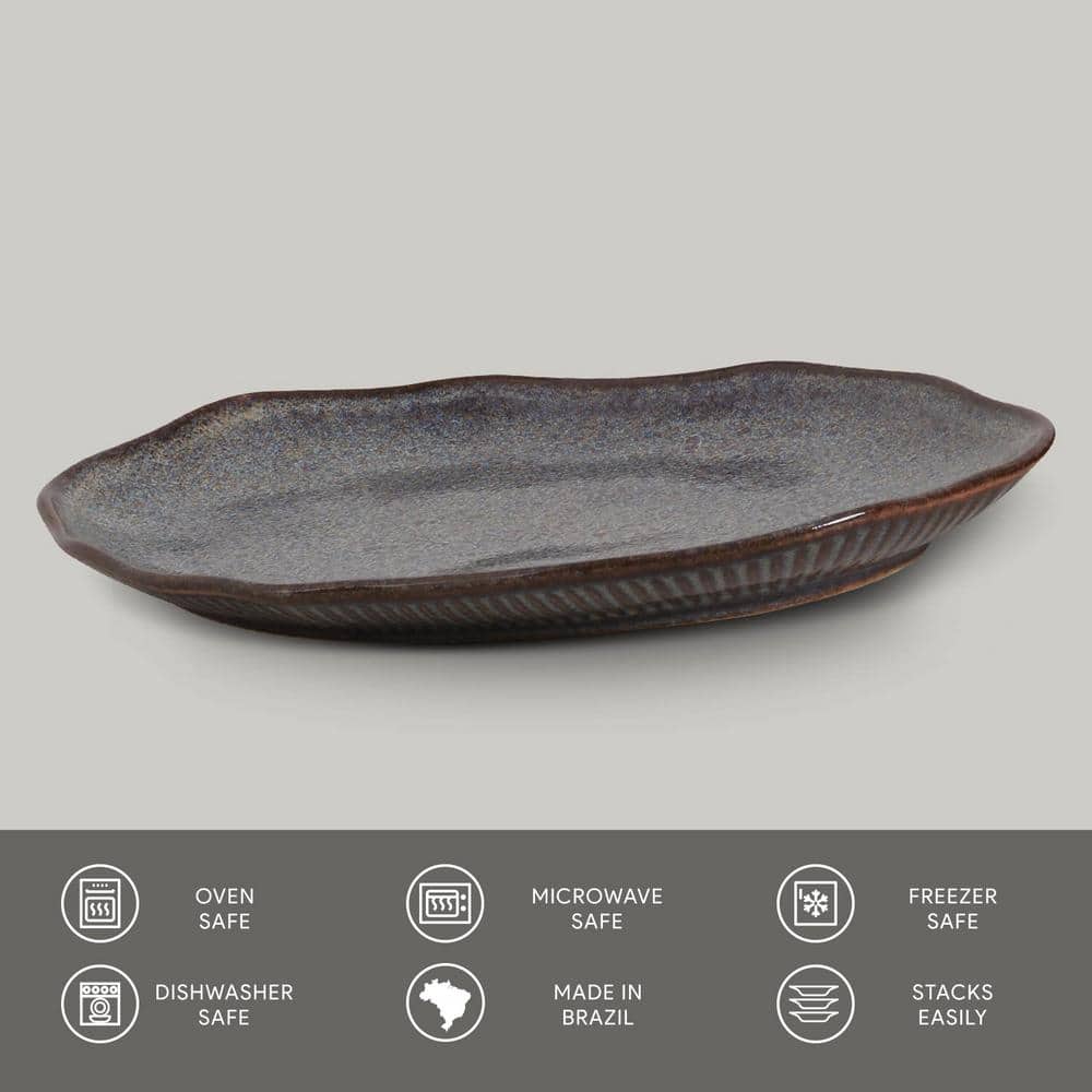 11.81 in. Titanium Dark Blue Stoneware Shallow Oval Platter Medium (Set of 4) - Hercitys