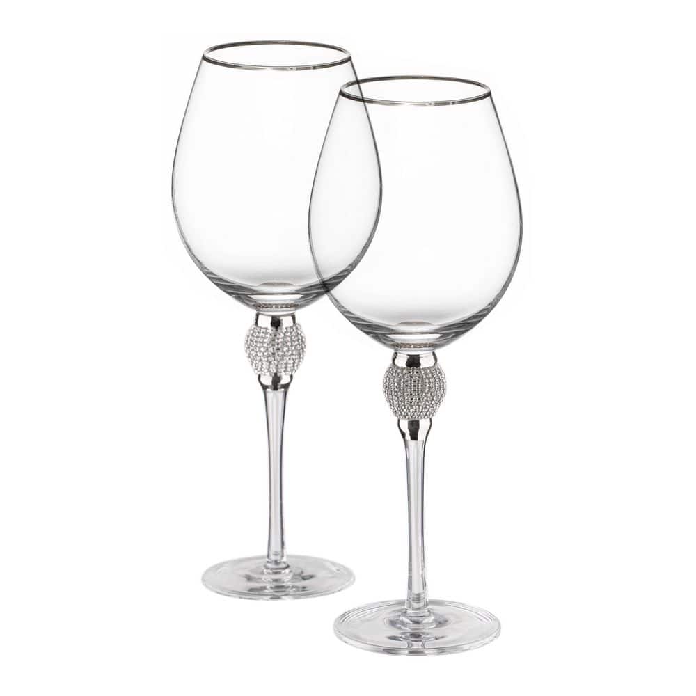 (Set of 2) Silver-Rimmed Red Wine Glasses with Diamond Rhinestone Accent 18 oz. 10 in. Tall - Hercitys