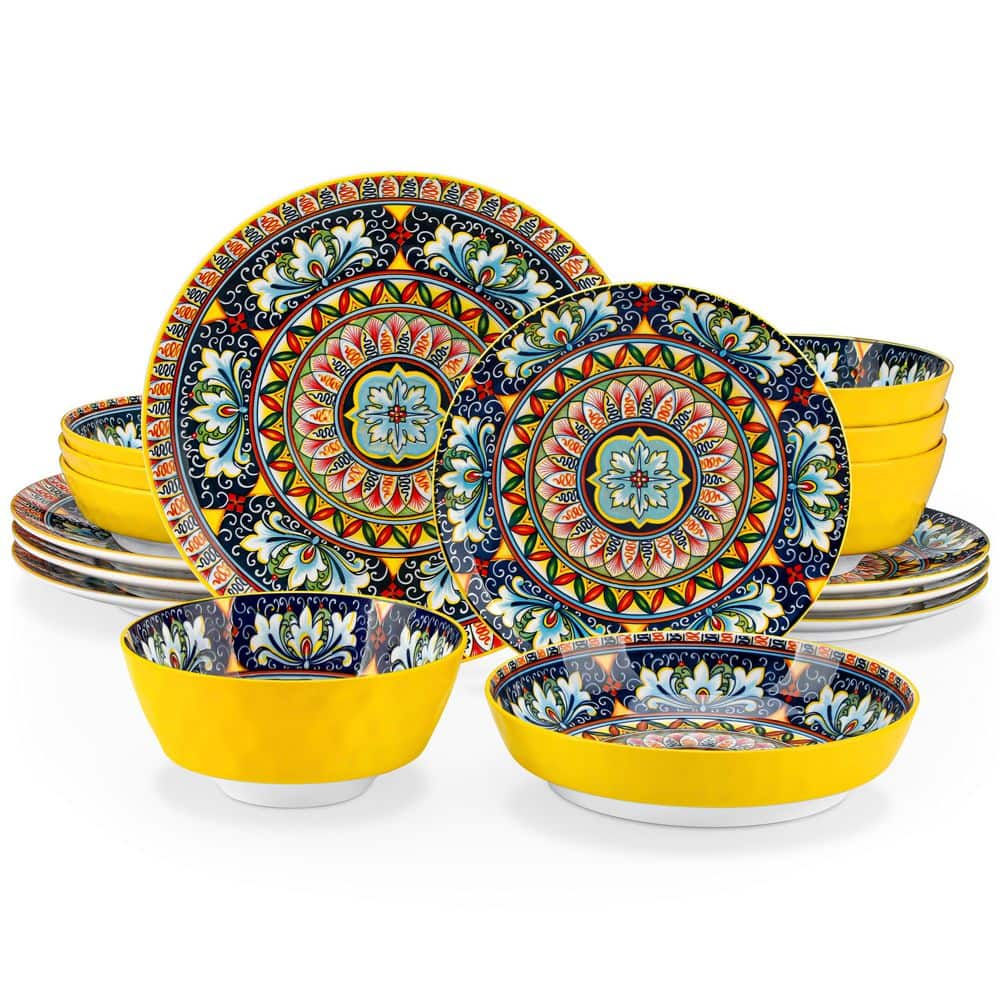 16-Piece Yellow Porcelain Dinnerware Set Service for 4 Bohemian Style Bowls and Plates Set Dining Set Tableware - Hercitys