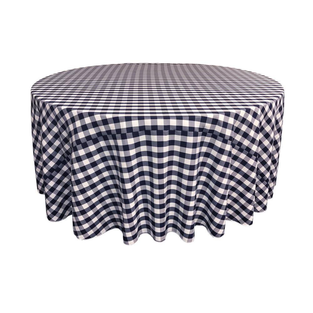 132 in. White and Navy Polyester Gingham Checkered Round Tablecloth - Hercitys
