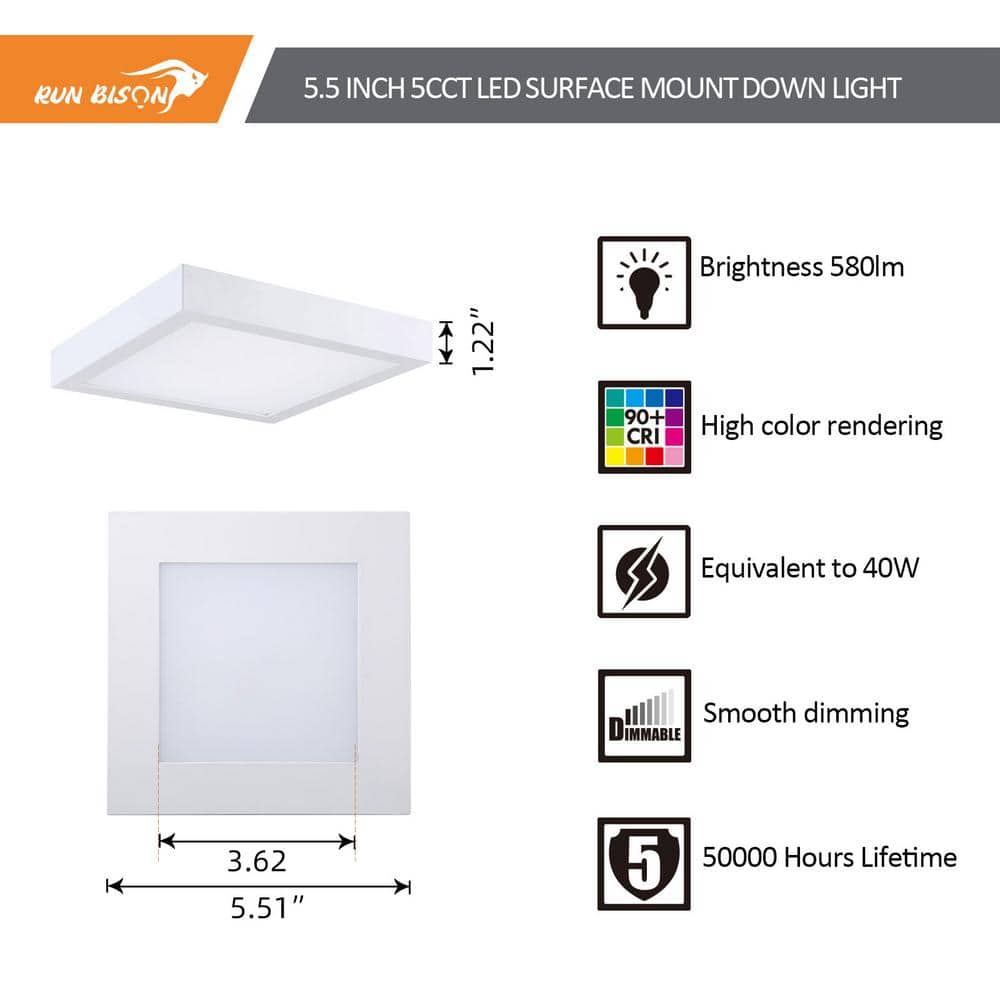 5.5 in. Square Color Selectable LED Integrated LED Flush Mount Downlight, White (2-Pack) - Hercitys