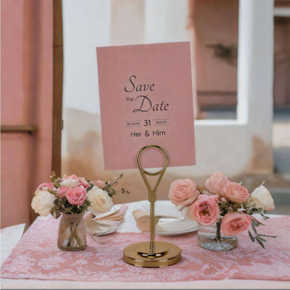 2 in. x 4 in. Gold Round Alloy Steel Place Card Holders Set of 12-Pcs with Weighted Base Stand and Clip for Occasions - Hercitys