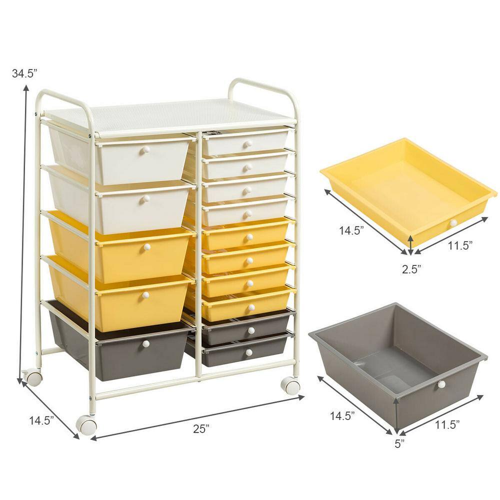 15-Drawer Steel 4-Wheeled Utility Rolling Cart Storage Organizer in Yellow - Hercitys