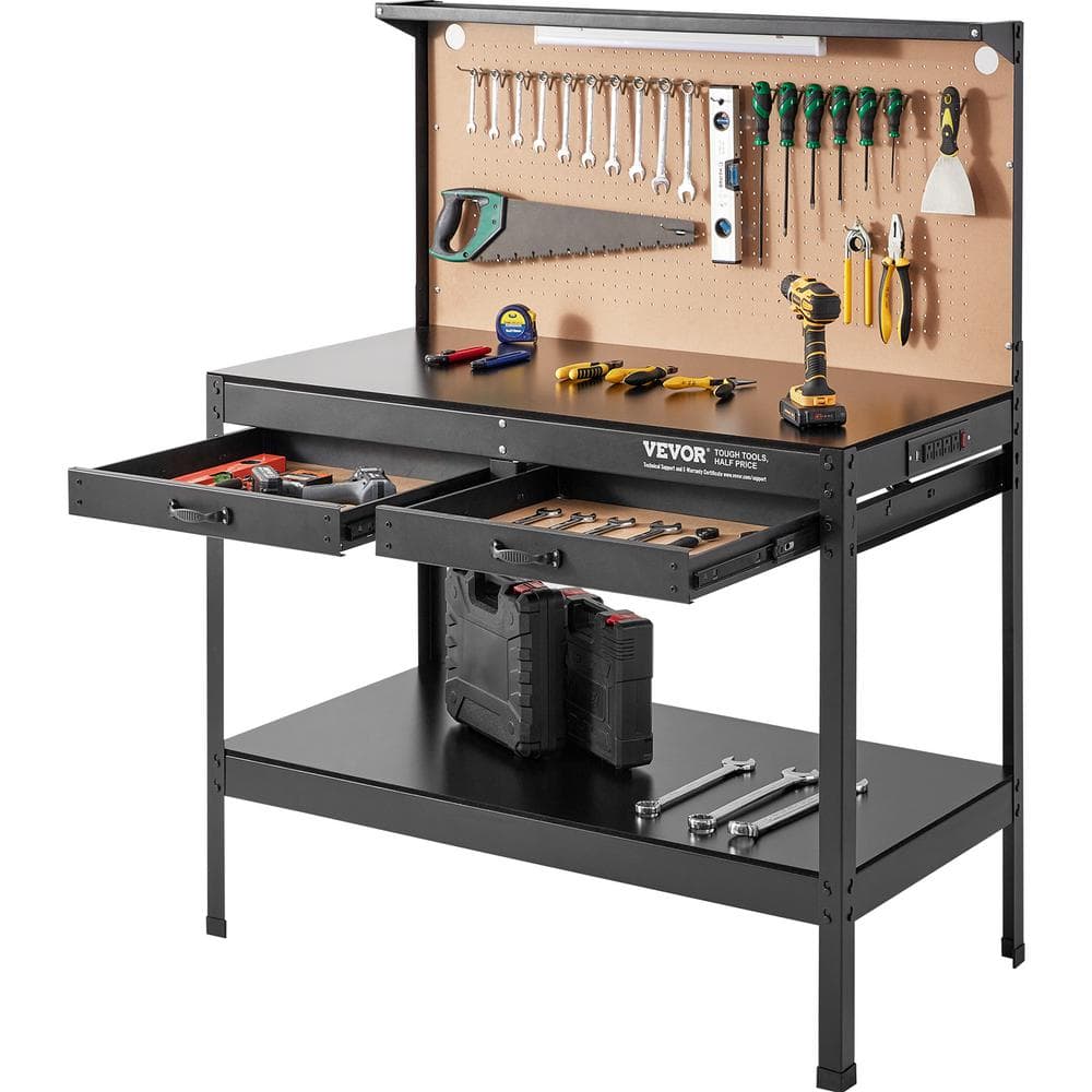 47 in. W x 24 in. D Heavy Duty 2-Drawer Steel Workbench in Black 220 lbs. Load Capacity with Pegboard - Hercitys