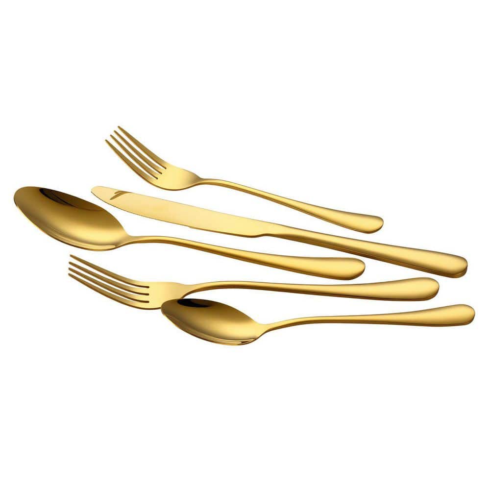 100-Piece Golden Stainless Steel Flatware Serving Set with Knives, Forks and Spoons for 20-Person - Hercitys