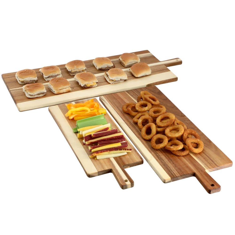 28 in. 3 Piece Acacia Wood Charcuterie Cheese Board Set with Handles - Hercitys