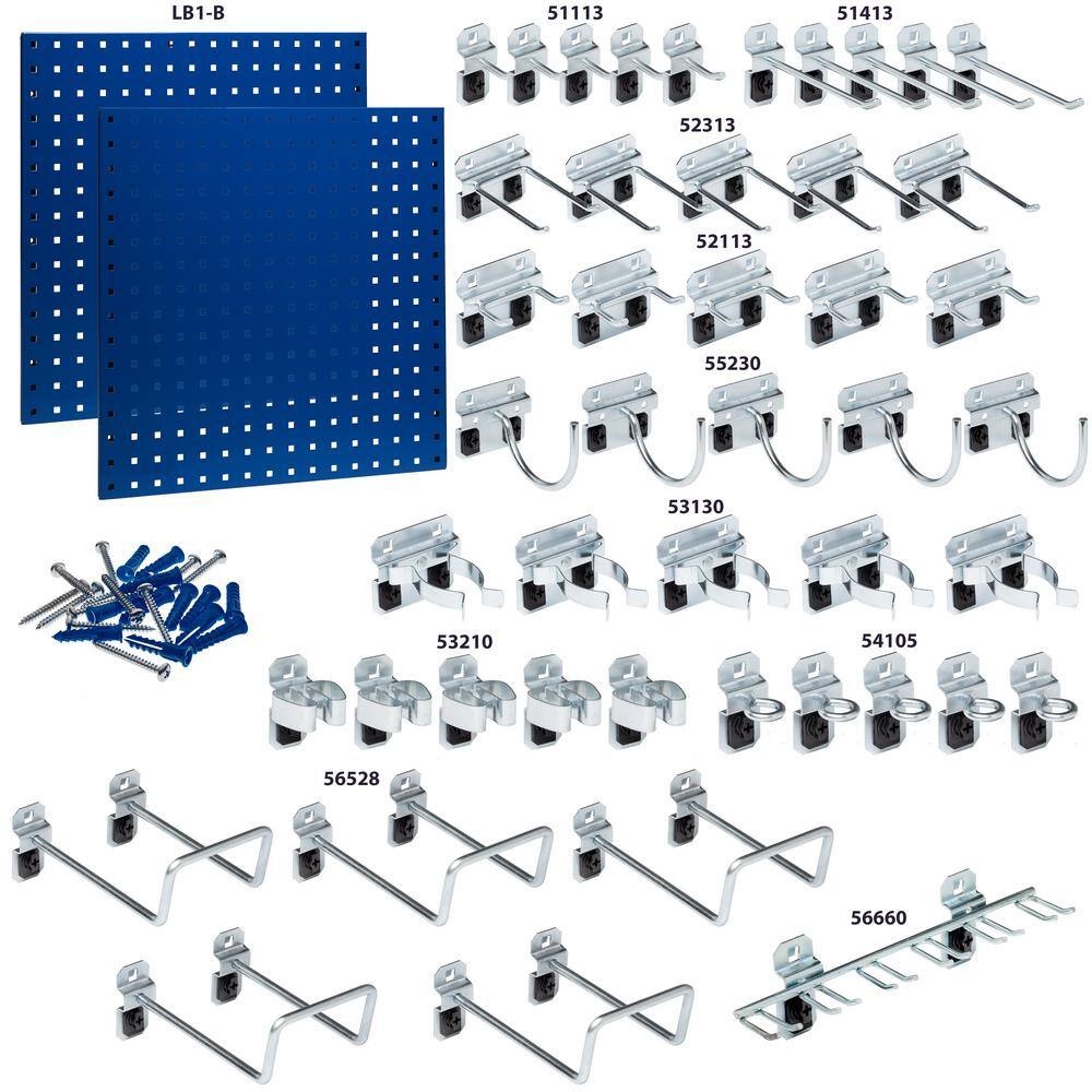 (2) 24 in. W x 24 in. H x 9/16 in. D Blue Epoxy, 18-Gauge Steel Square Hole Pegboards with 46-Piece LocHook Assortment - Hercitys
