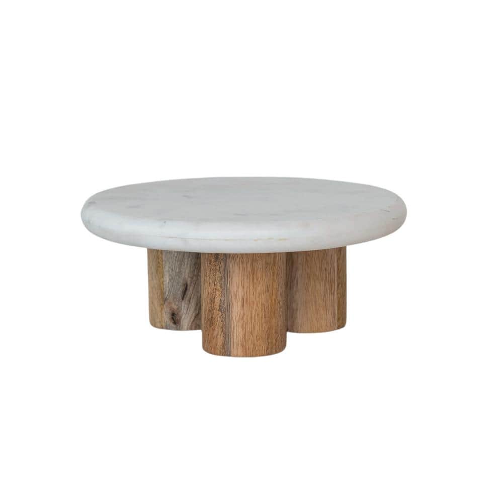 1-Tier White and Brown Round Marble and Wood Cake Stand - Hercitys