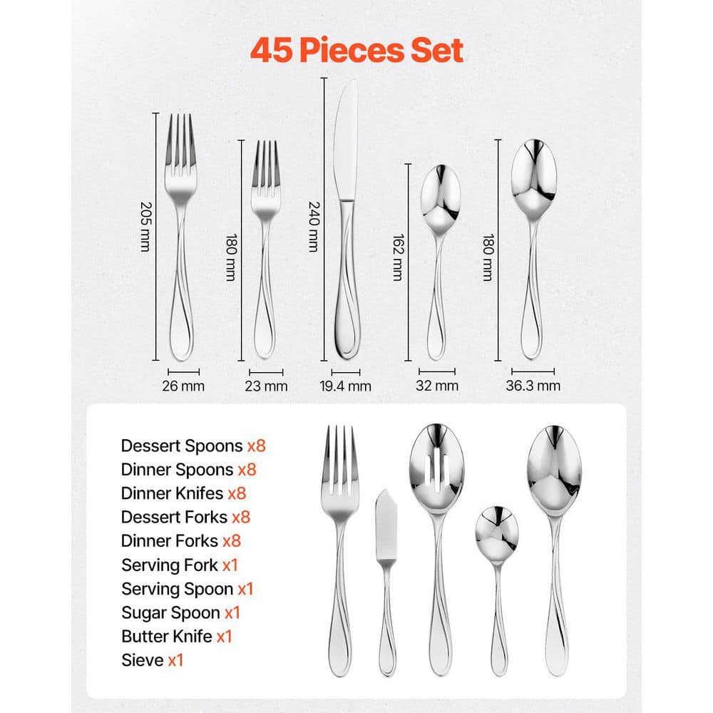 45-Piece Stainless Steel Flatware Set, Food-Grade Cutlery, Dishwasher Safe Tableware for 8, Includes Knife Fork Spoon - Hercitys