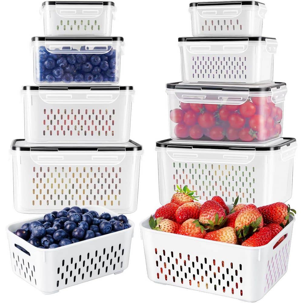 4 Piece Airtight Fruit Storage Containers Set with Removable Colander for Fridge Dishwasher Safe Produce Saver - Hercitys