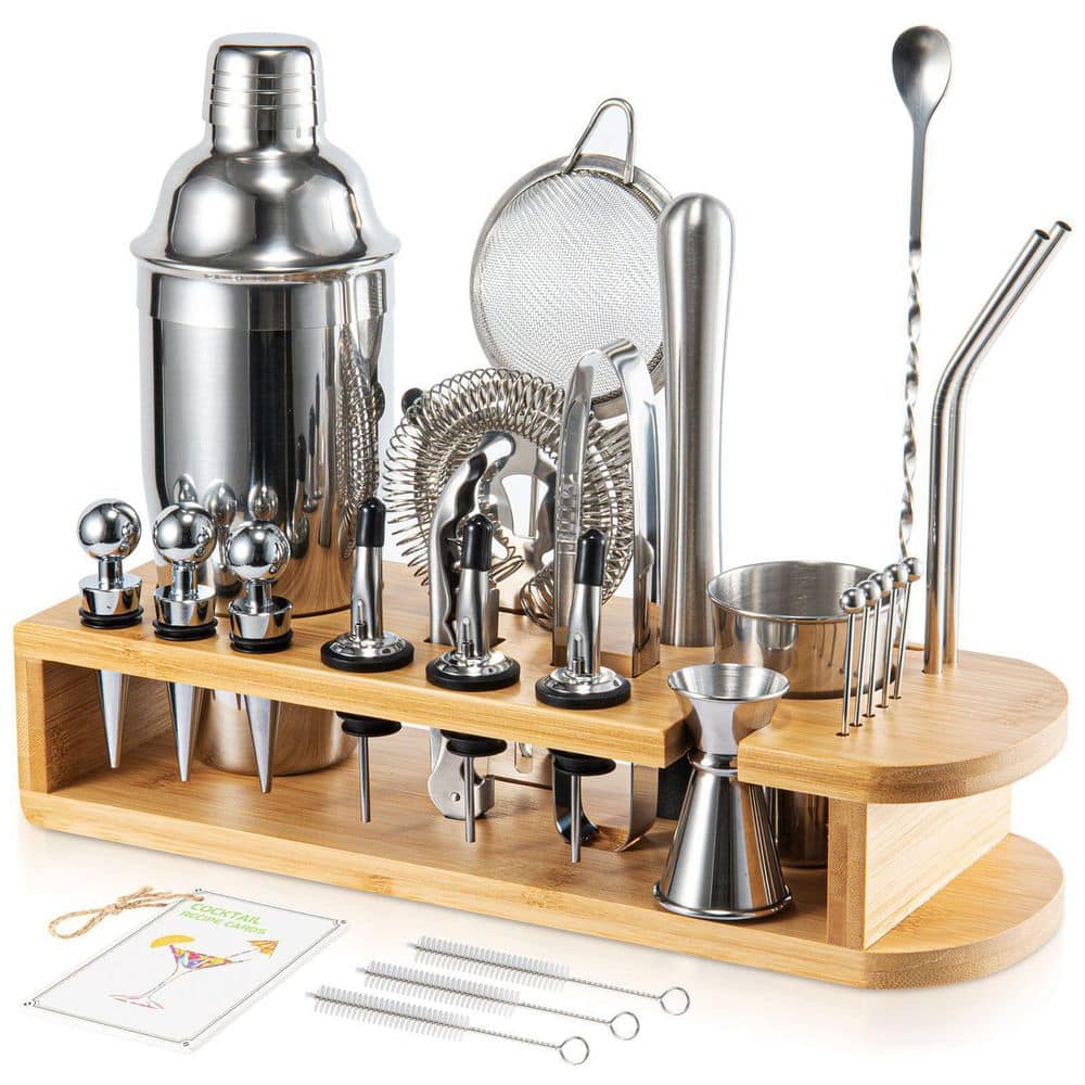 26-Piece Silver Stainless Steel Bar Tool Set, Cocktail Shaker Jigger Mudller Utility Cup Included - Hercitys