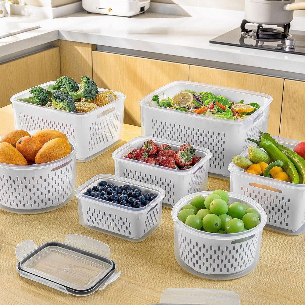 4 Piece Airtight Fruit Storage Containers Set with Removable Colander for Fridge Dishwasher Safe Produce Saver - Hercitys