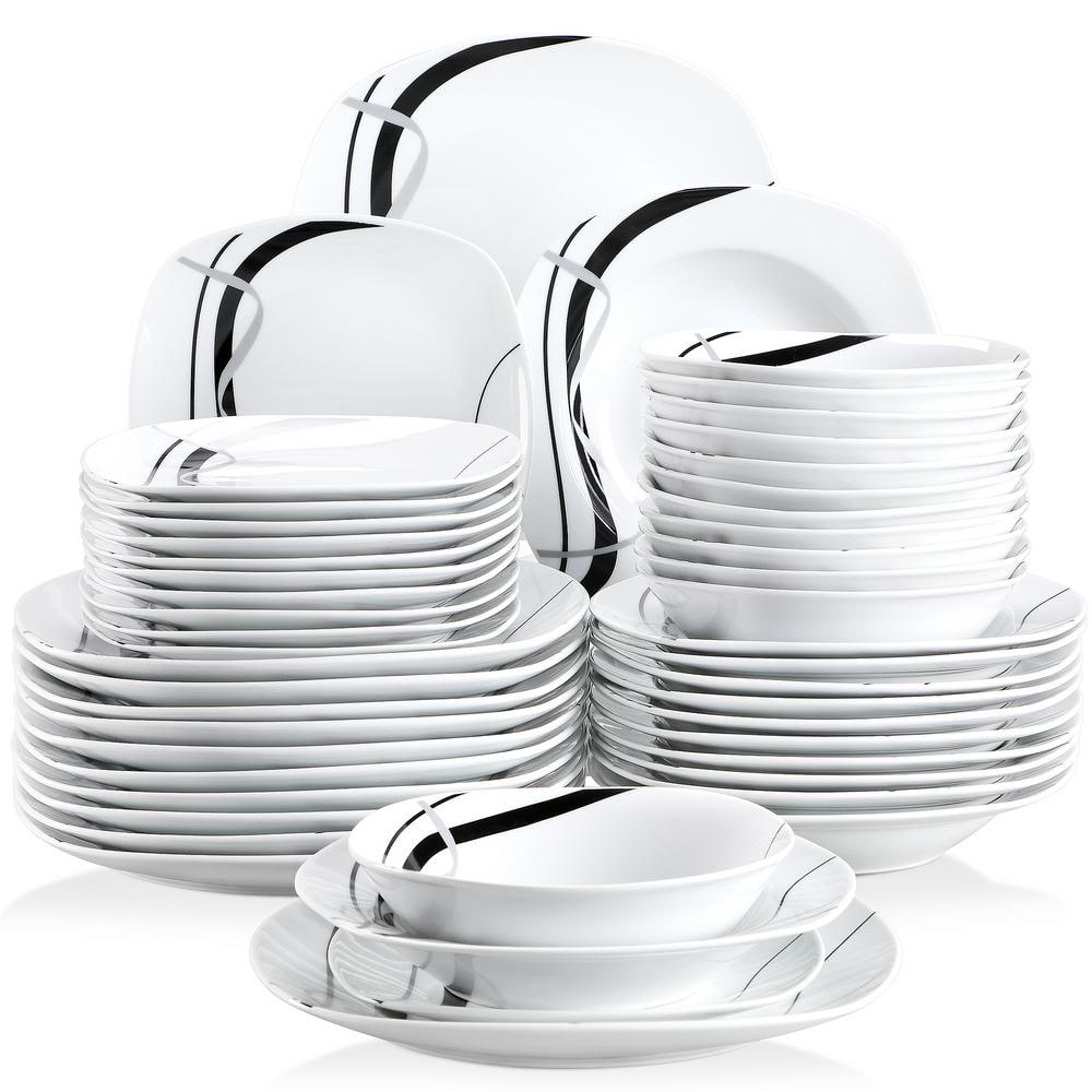 48-Piece Black Gray Lines Ivory White Porcelain Dinnerware (Set Service for 12) - Hercitys