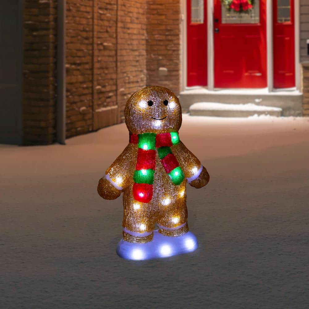 14 in. LED Lighted Acrylic Gingerbread Man with Scarf Outdoor Christmas Decoration - Hercitys
