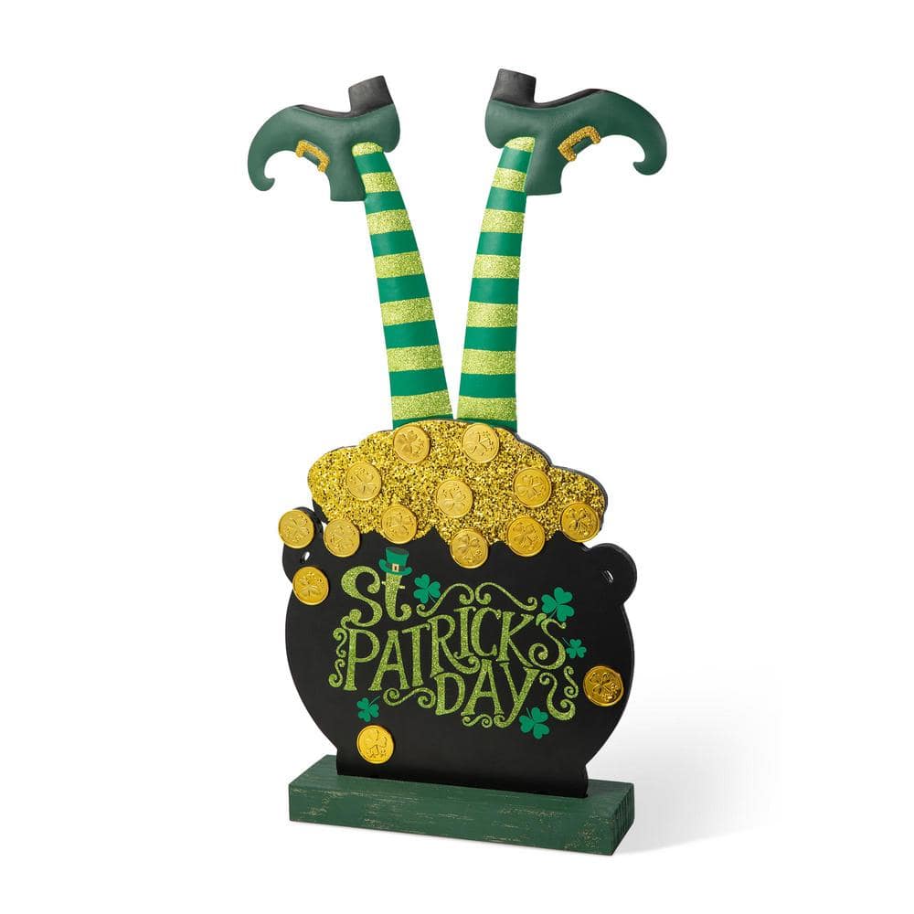 24 in. Wooden St. Patrick’s Leprechaun Pot of Gold Porch Decor(KD) - Hercitys