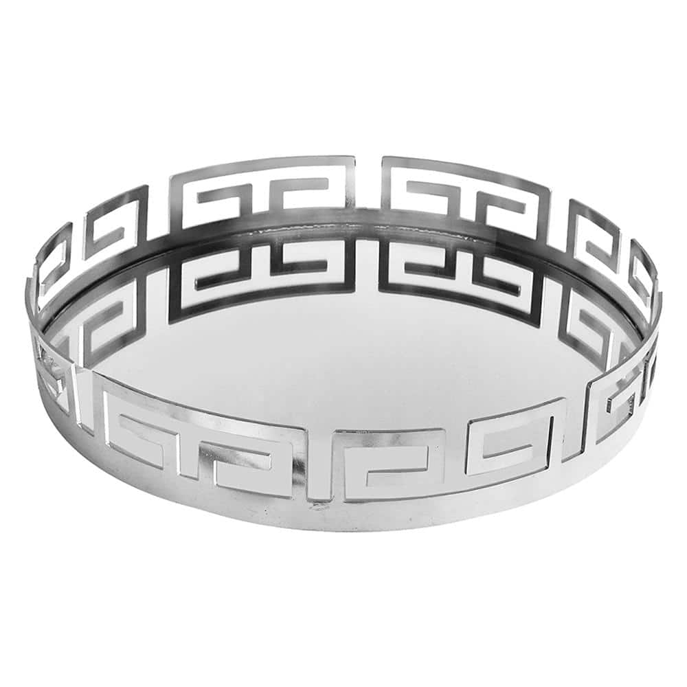 15 in. x 3 in. x 15 in. Electroplated Silver Metal and Glass Round Serving Tray - Hercitys