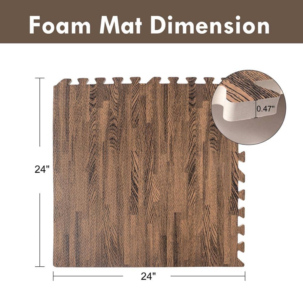 24 in. x 24 in. x 0.47 in. Dark Wood Grain EVA Interlocking Foam Floor Mat for Exercise, Protect Flooring (12-Pack) - Hercitys