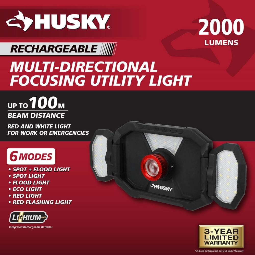 2000 Lumens LED Dual Panel Focusing Rechargeable Utility Light - Hercitys