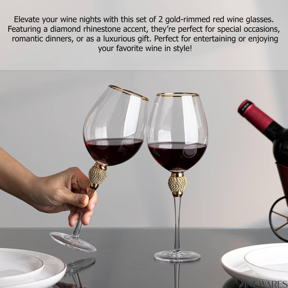 (Set of 2) Gold-Rimmed Red Wine Glasses with Diamond Rhinestone Accent 18 oz. 10 in. Tall - Hercitys