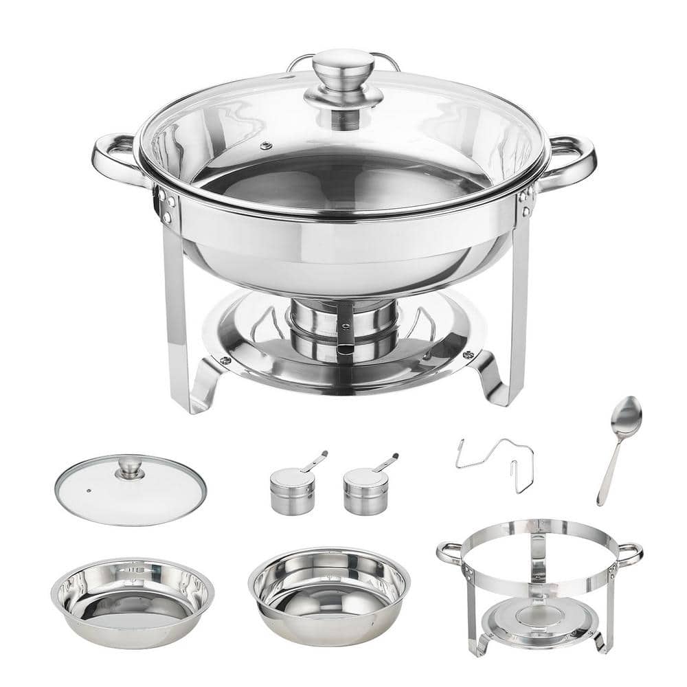 2-Pack Round Chafing Dish Set with Full-Size Stainless Steel, 4 qt. Pan Glass Lid Fuel Holder - Hercitys