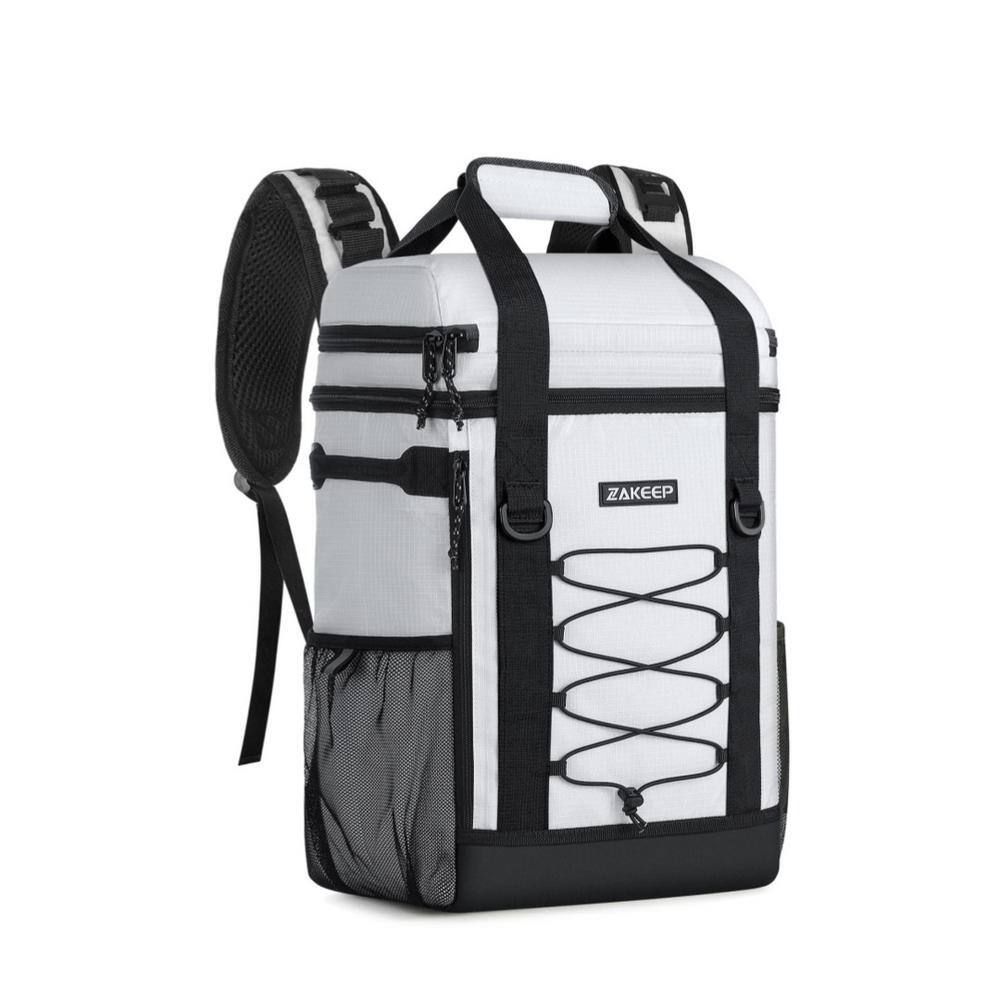 35 qt. Black and White Food and Beverage Soft-Side Cooler Backpack with Padded Top Handle, Mesh Pocket for Camping BBQ - Hercitys
