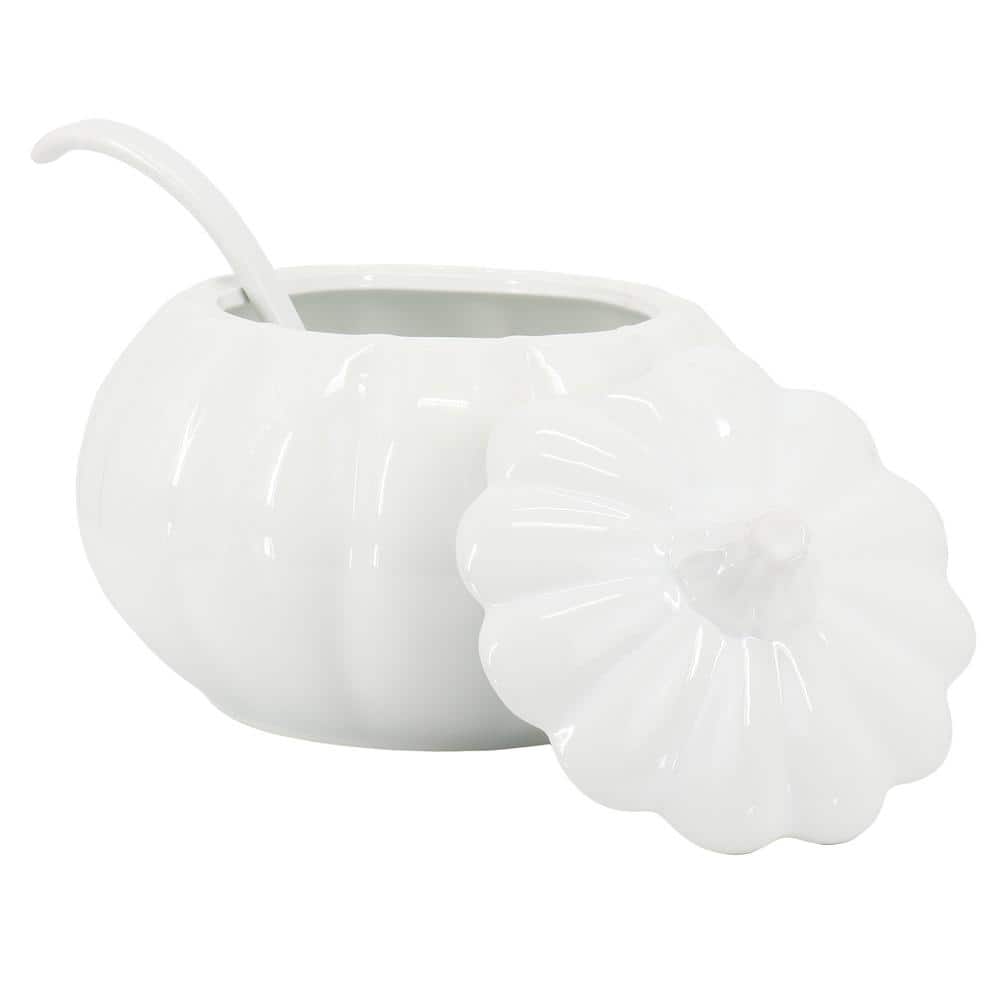 10.6 in. 160 fl. oz. White Ceramic Pumpkin Soup Tureen Serving Bowl with Lid and Ladle - Hercitys