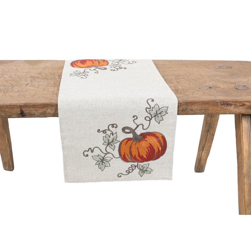 15 in. x 90 in. Rustic Pumpkin Crewel Embroidered Fall Table Runner, Natural - Hercitys