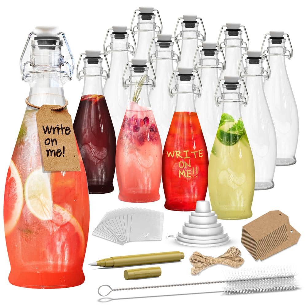 17 oz. Glass Bottles with Swing Top Stoppers, Bottle Brush, Funnel, and Gold Glass Marker (Set of 12) - Hercitys