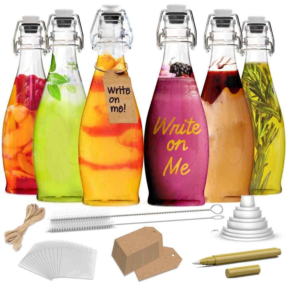 17 oz. Glass Bottles with Swing Top Stoppers, Bottle Brush, Funnel, and Gold Glass Marker (Set of 6) - Hercitys