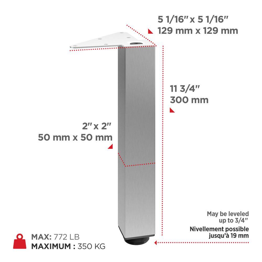 (4-Pack) 11 3/4 in. (300 mm) Stainless Steel Metal Square Furniture Leg with Leveling Glide - Hercitys