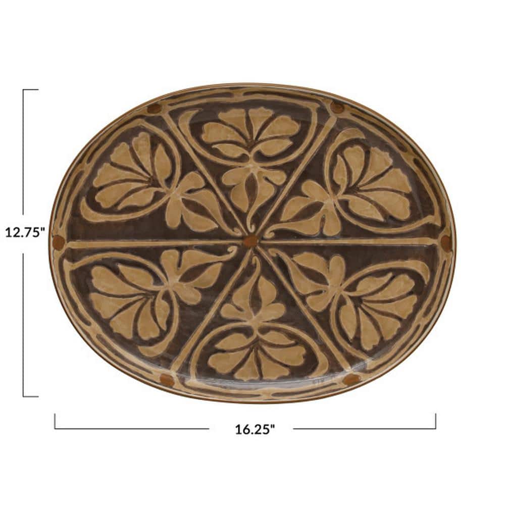 16.38 in. Brown Stoneware Oval Platters (Set of 2) - Hercitys