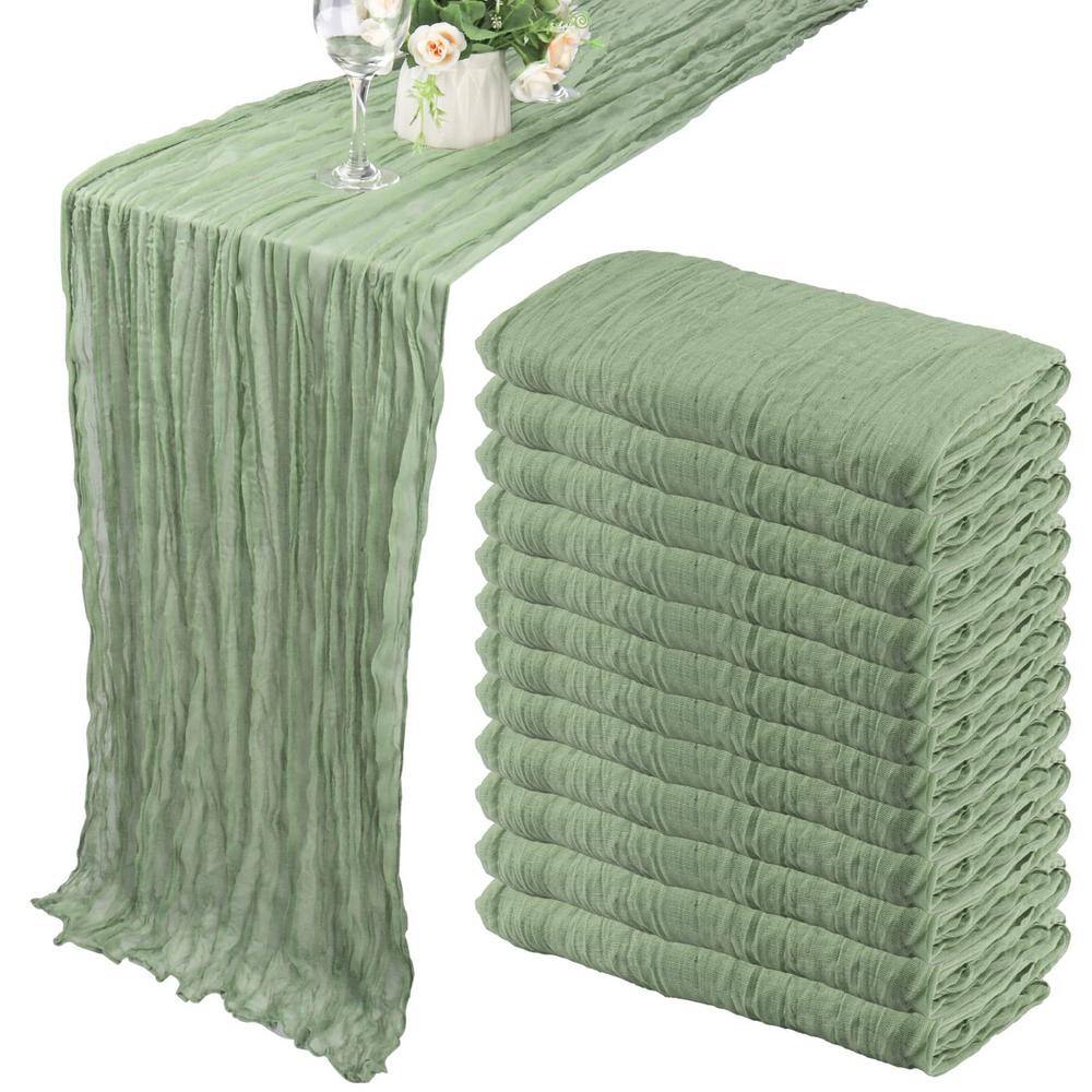 35 in. W x 120 in. L Dusty Sage Green Solid Boho Gauze Polyester Cheesecloth Table Runner for Wedding (Set of 12) - Hercitys