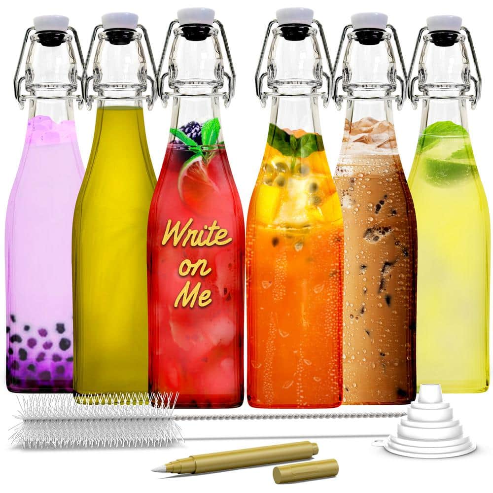 17 oz. Square Glass Bottles with Swing Top Stoppers, Bottle Brush, Funnel, and Glass Marker (Set of 6) - Hercitys