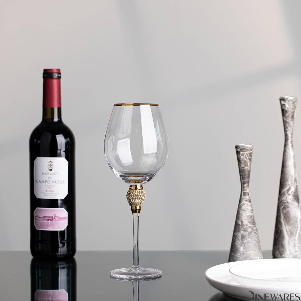 (Set of 2) Gold-Rimmed Red Wine Glasses with Diamond Rhinestone Accent 18 oz. 10 in. Tall - Hercitys