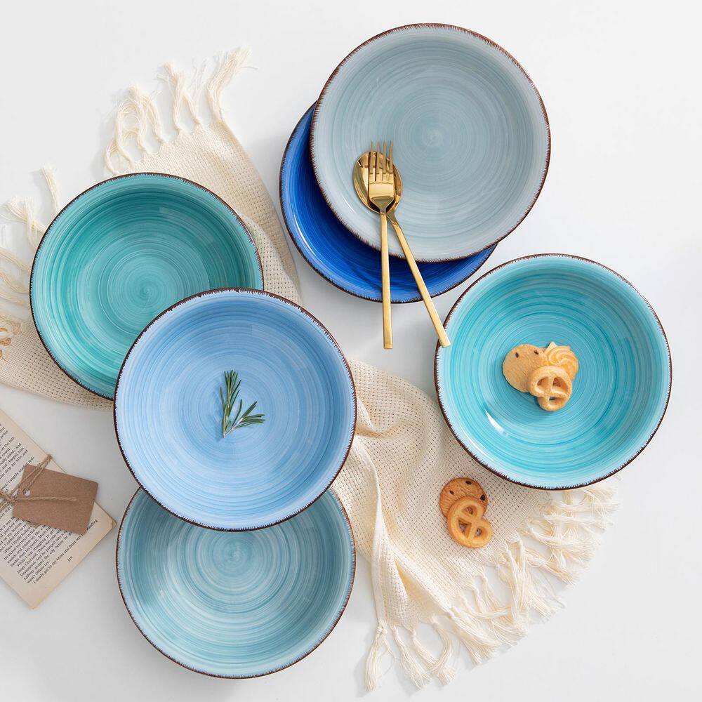 27 fl. oz. Multi-Blue Stoneware Soup Bowl (Set of 6), Pasta Bowl Set Noodle Bowl Soup Plates Serving Bowls - Hercitys